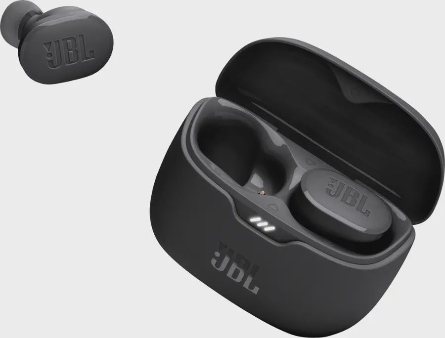 JBL Tune Buds true wireless noise cancelling earbuds in black with charging case.