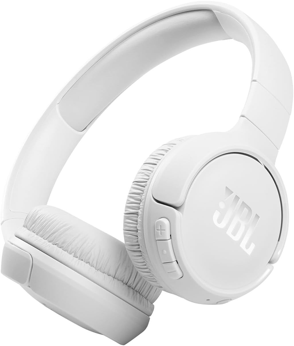 JBL Tune 510BT wireless on-ear headphones in white with cushioned ear pads and adjustable headband.