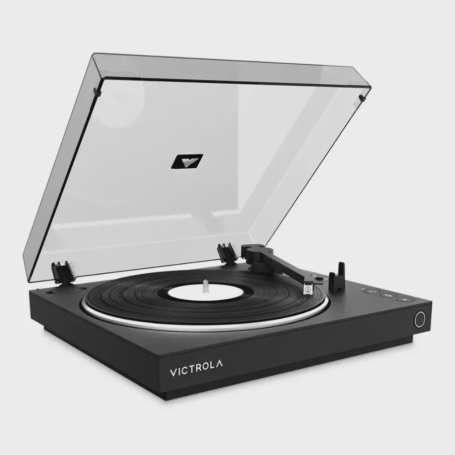 Victrola black turntable side profile highlighting vintage design and control knobs