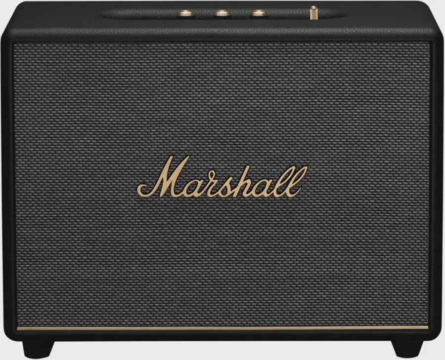 Front view of Marshall Woburn III Bluetooth Speaker showing the iconic logo and speaker grille.