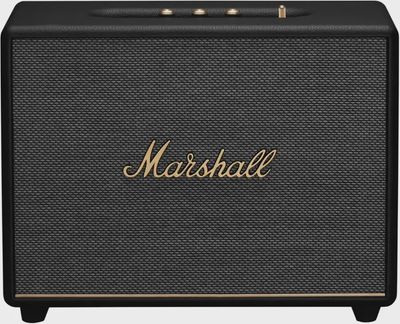 Front view of Marshall Woburn III Bluetooth Speaker showing the iconic logo and speaker grille.