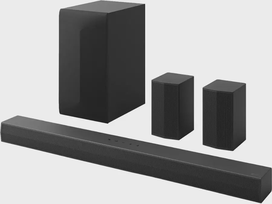 Angled view of the full LG S60TR soundbar system showcasing its modern design and component layout.