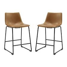 Front view of the pair of Walker Edison Industrial Faux Leather Counter Stools in whiskey brown with black metal legs.