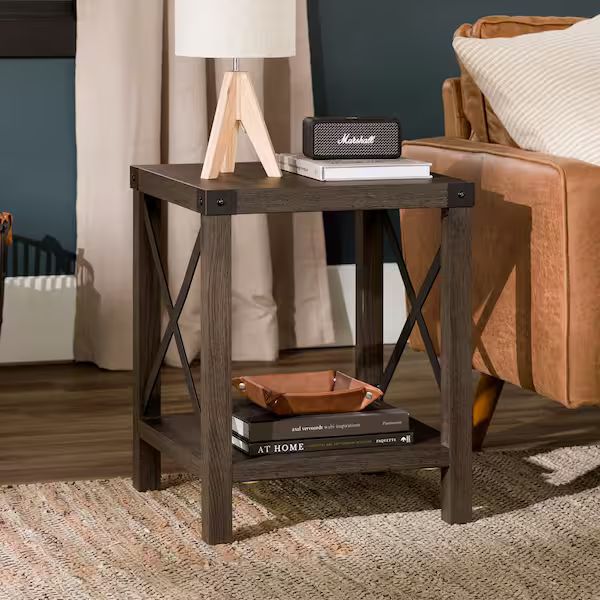 Front view of the Walker Edison Rustic Trim Side Table in dark finish, highlighting its square top and sturdy legs.