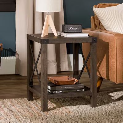 Front view of the Walker Edison Rustic Trim Side Table in dark finish, highlighting its square top and sturdy legs.