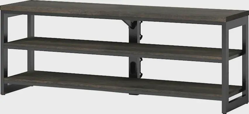 Angled front view of the TV stand showing depth and storage design.