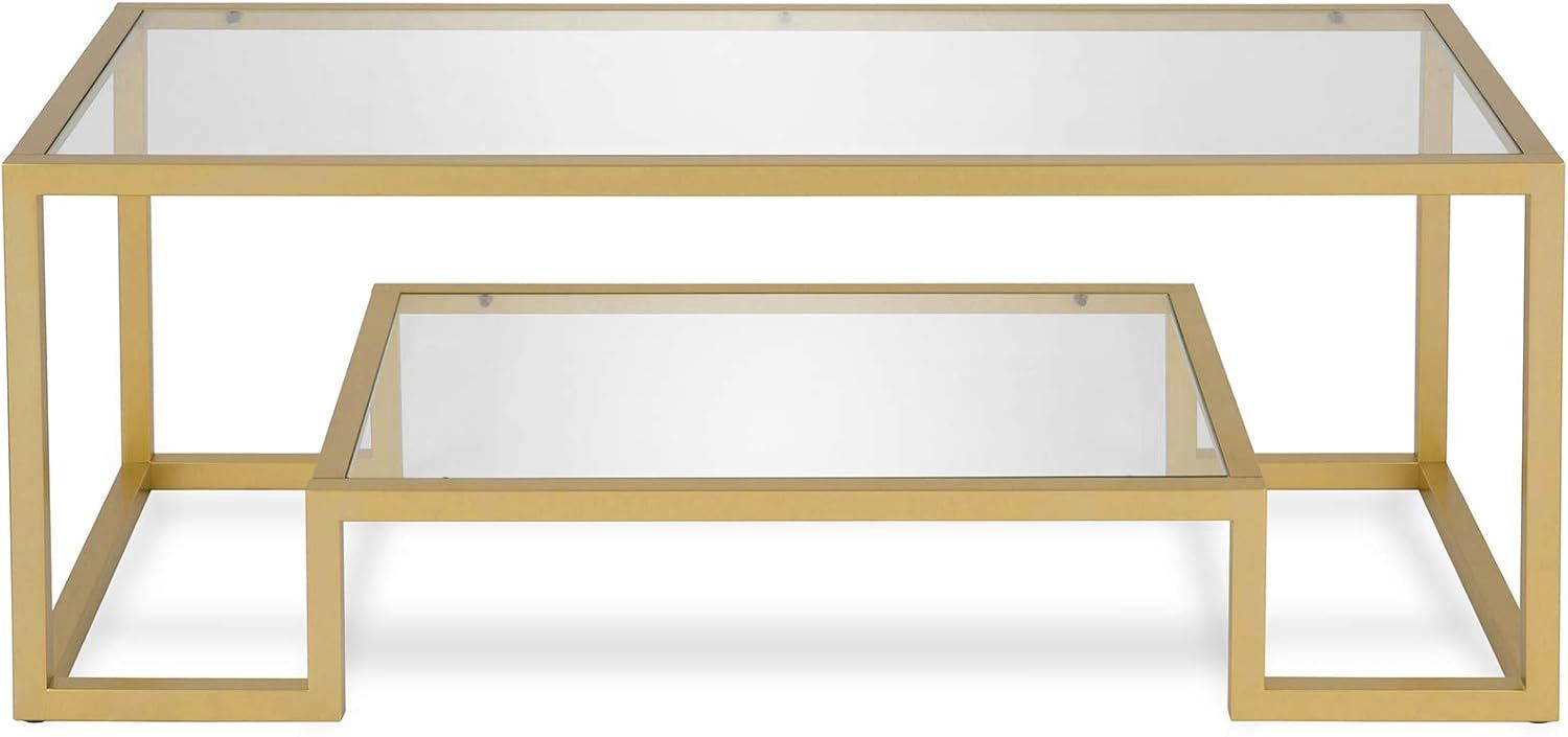 Front view of Henn&amp;Hart 45-inch brass rectangular coffee table with glass top.