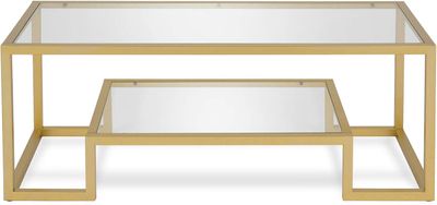 Front view of Henn&amp;Hart 45-inch brass rectangular coffee table with glass top.