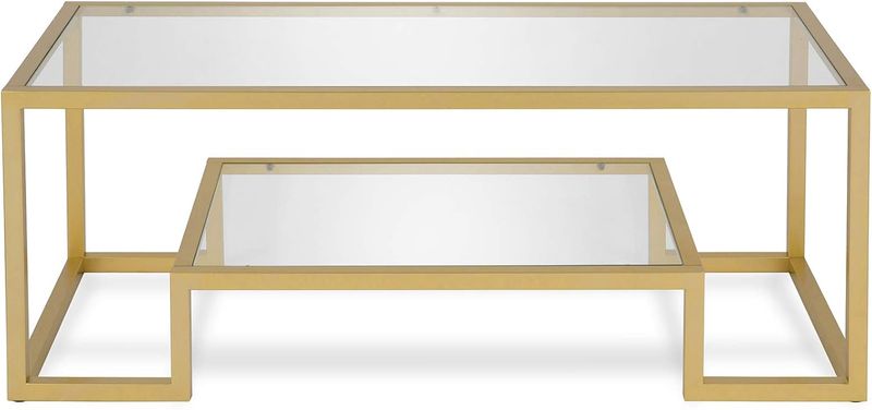 Front view of Henn&amp;Hart 45-inch brass rectangular coffee table with glass top.