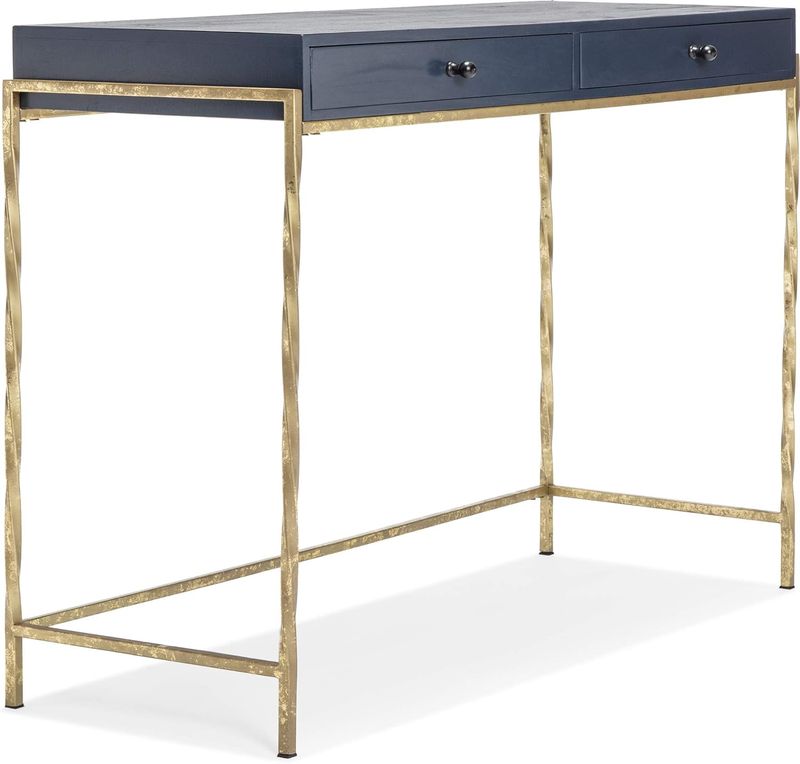 Jolie narrow entryway sofa table with solid wood top and metal frame, front-facing.