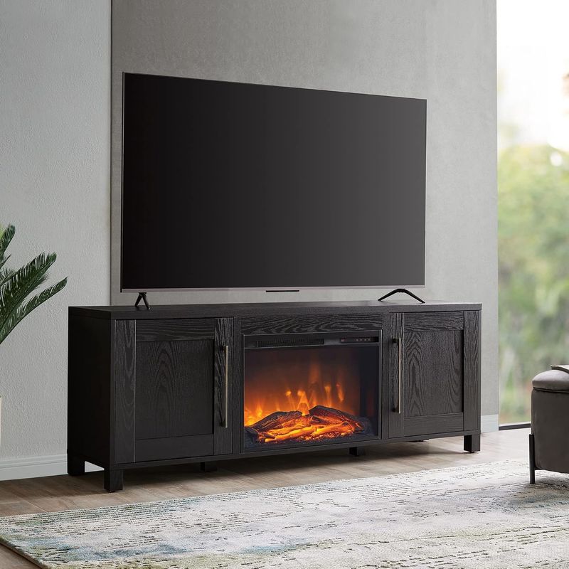 Henn&amp;Hart Chabot 68-inch black TV stand with storage cabinets and shelves.