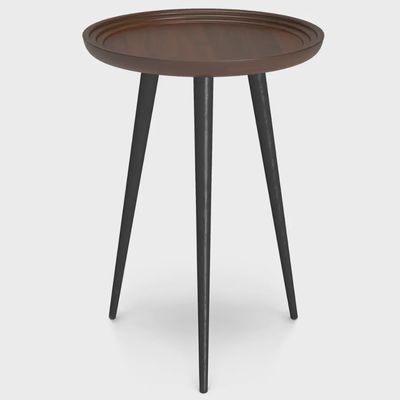 Simpli Home Clairmont round side table in cognac finish, showing its smooth tabletop and tripod-style legs.