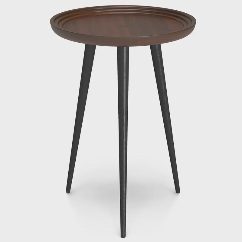 Simpli Home Clairmont round side table in cognac finish, showing its smooth tabletop and tripod-style legs.