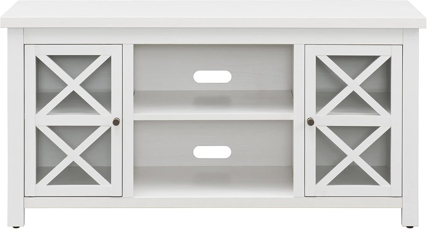 Henn&amp;Hart rectangular TV stand in white with X-pattern cabinet doors and open shelving.