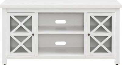 Henn&amp;Hart rectangular TV stand in white with X-pattern cabinet doors and open shelving.