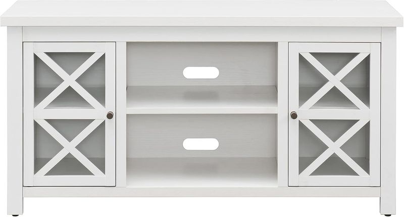 Henn&amp;Hart rectangular TV stand in white with X-pattern cabinet doors and open shelving.