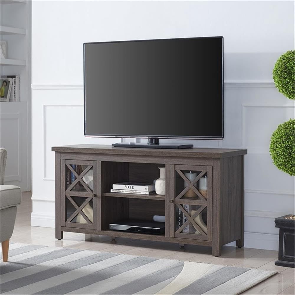 Henn&amp;Hart Alder Brown rectangular TV stand styled in a cozy living room setting