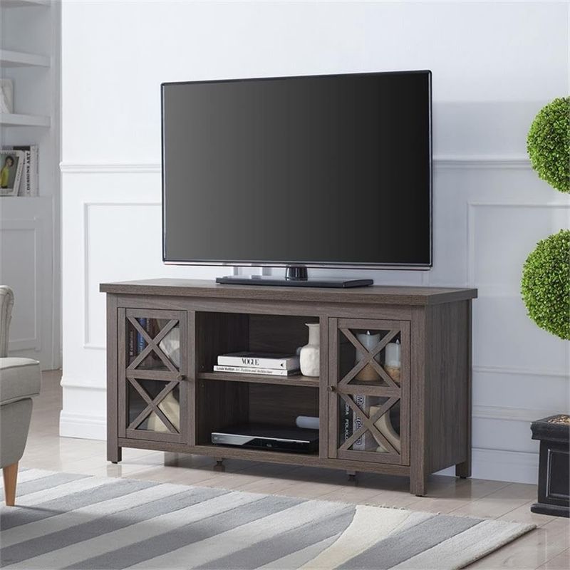 Henn&amp;Hart Alder Brown rectangular TV stand styled in a cozy living room setting