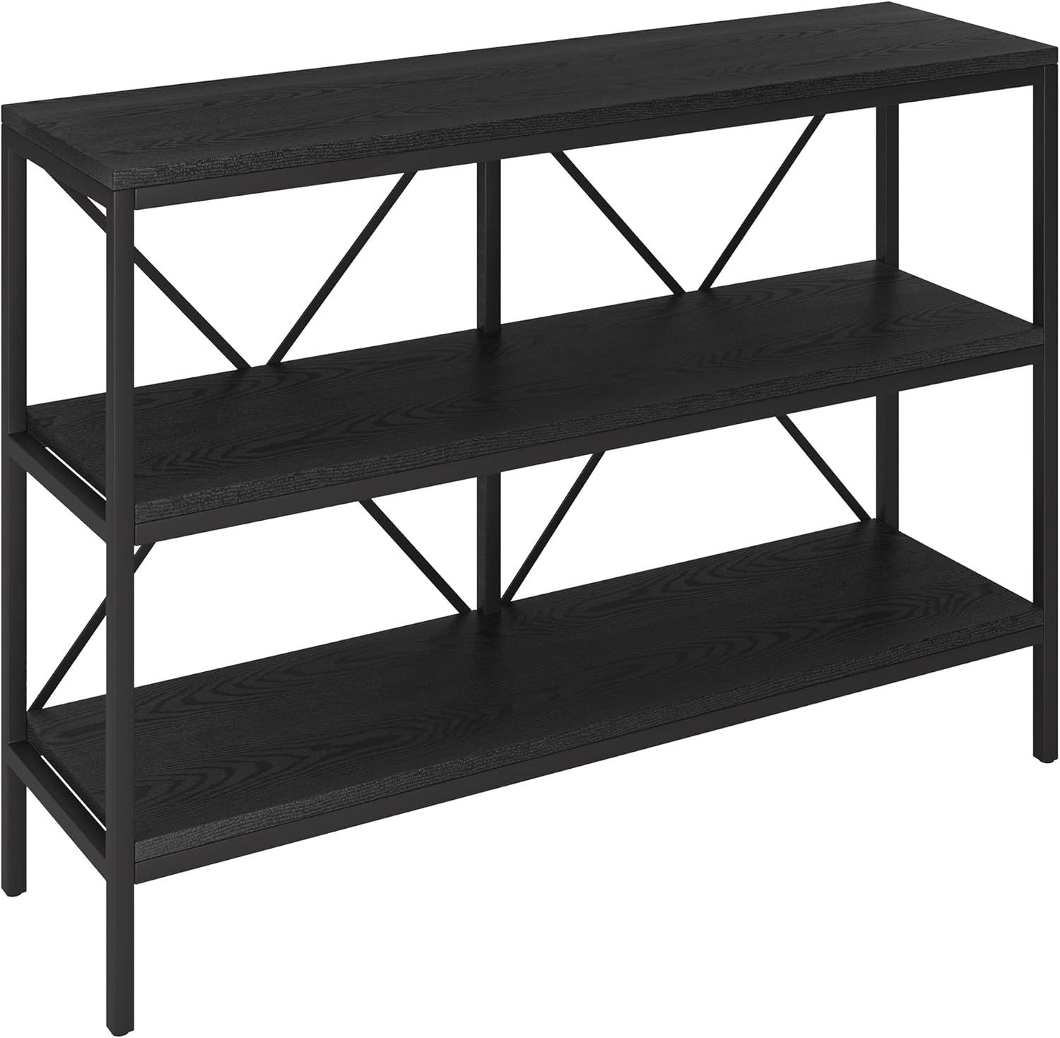 Henn&amp;Hart Kira 42-inch black console table with two open metal shelves and X-back design.