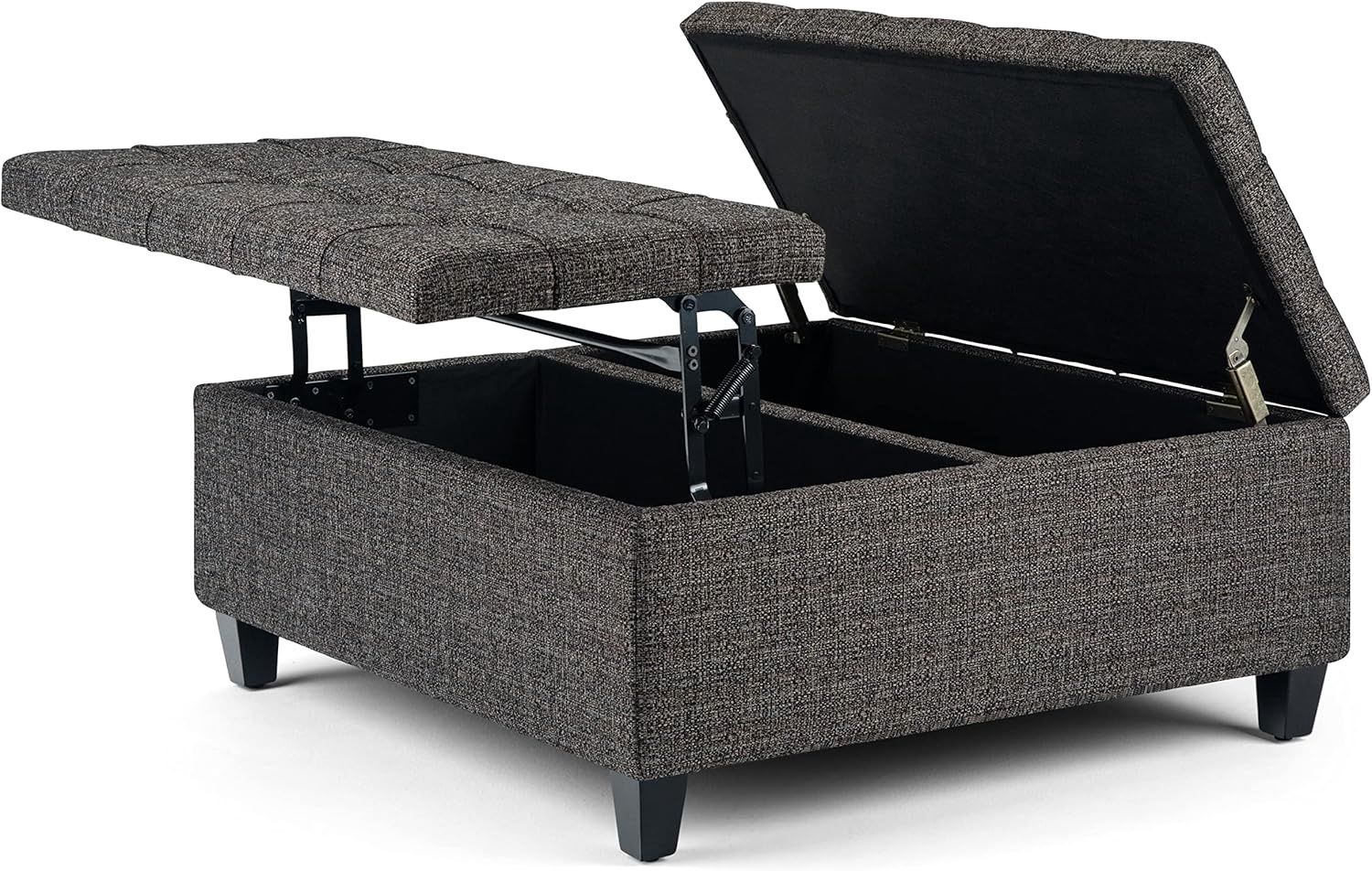 Ottoman with the top lifted to reveal spacious interior storage for blankets, pillows, or accessories.