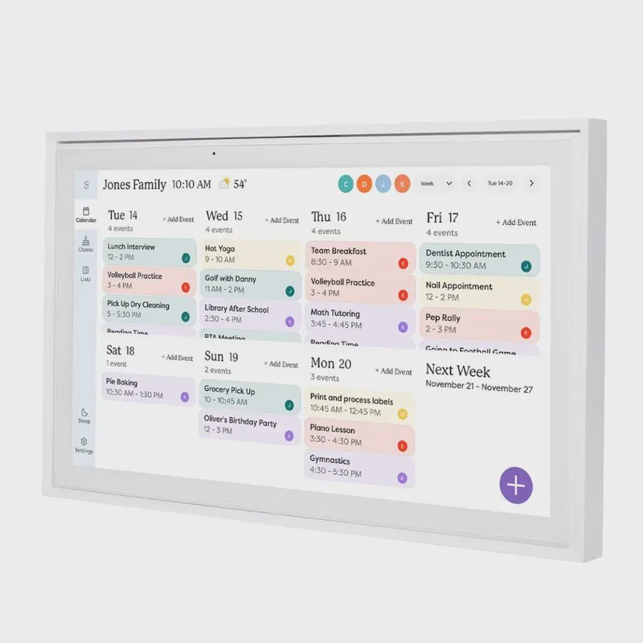 Skylight 15&quot; Touchscreen Smart Calendar in white, displaying a family schedule with color-coded events.