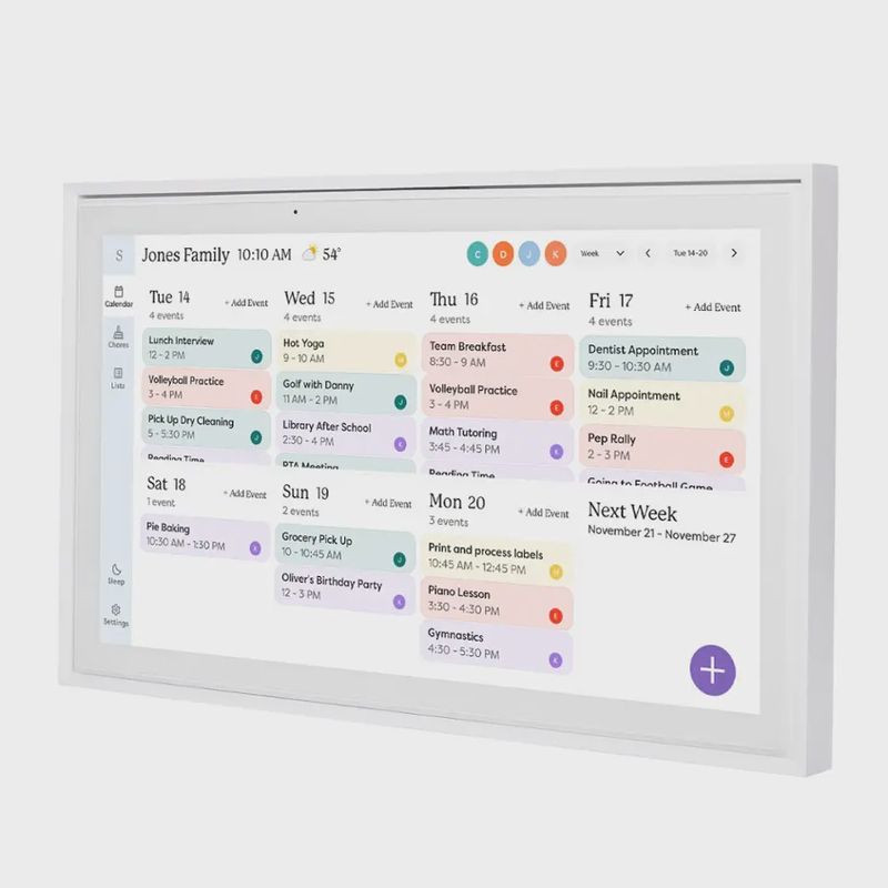 Skylight 15&quot; Touchscreen Smart Calendar in white, displaying a family schedule with color-coded events.