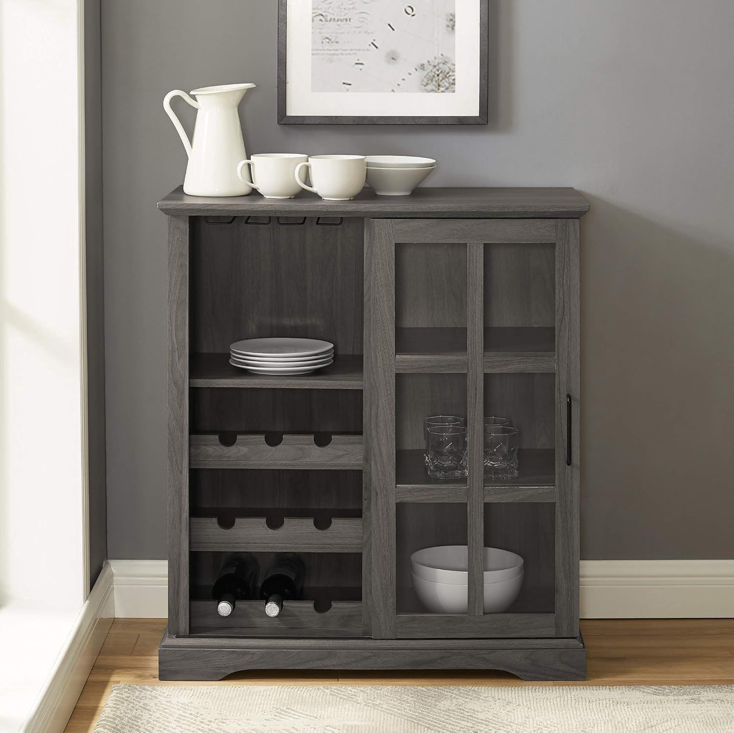 Walker Edison sliding glass door bar cabinet styled in a dining room.