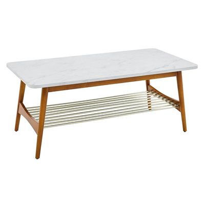 Modern coffee table featuring a sleek white rectangular top (44×22×18 inches) supported by an acorn-shaped gold metal base