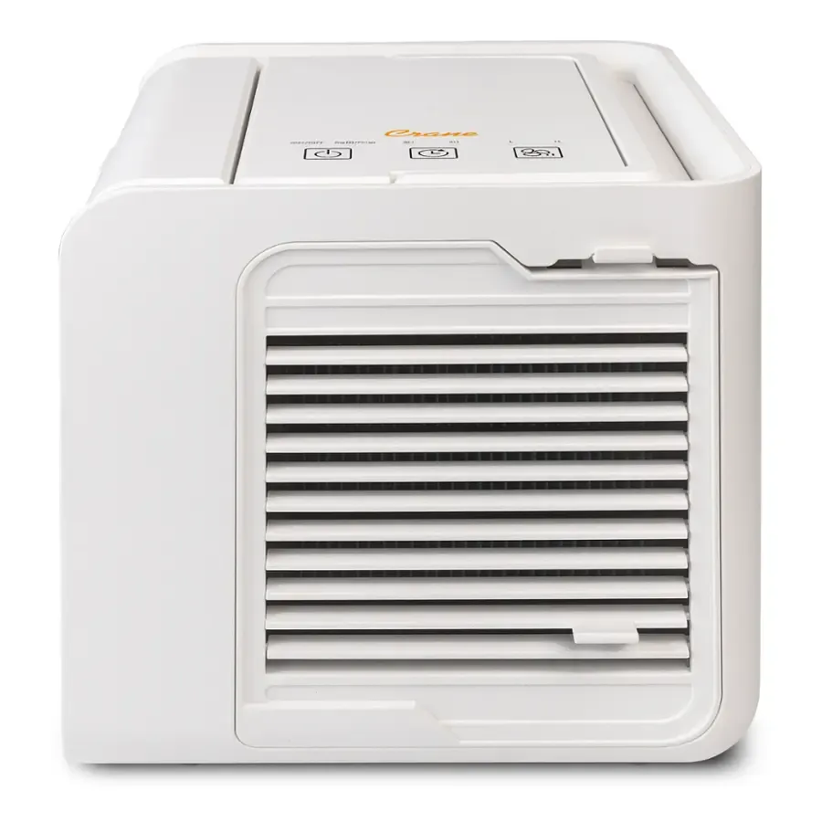 Front view of the Crane Desktop Evaporative Air Cooler &amp; Humidifier showing air vents and control panel