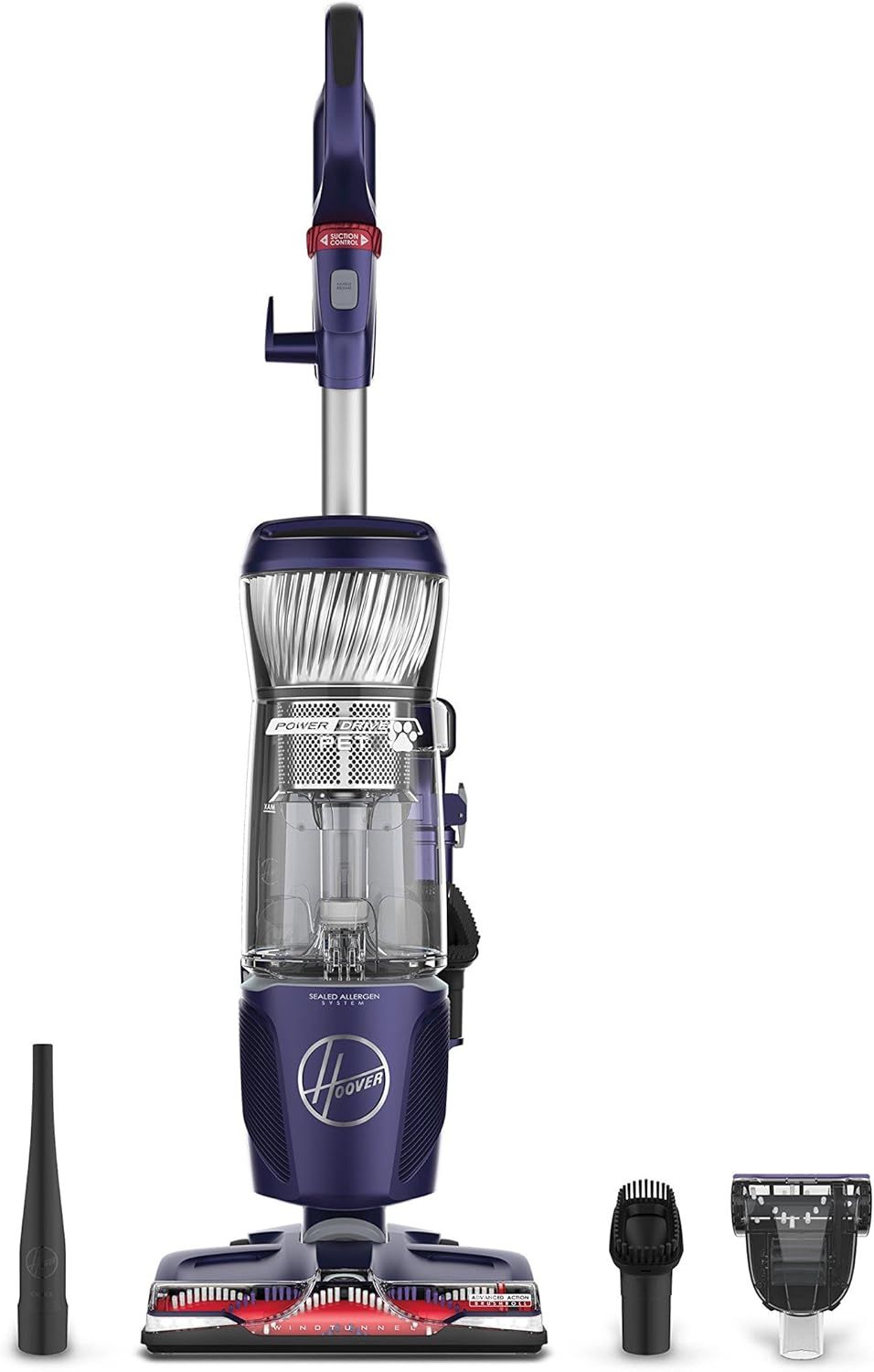 Hoover PowerDrive Pet Bagless Upright Vacuum Cleaner UH74210M in purple with swivel steering and advanced action brush roll.