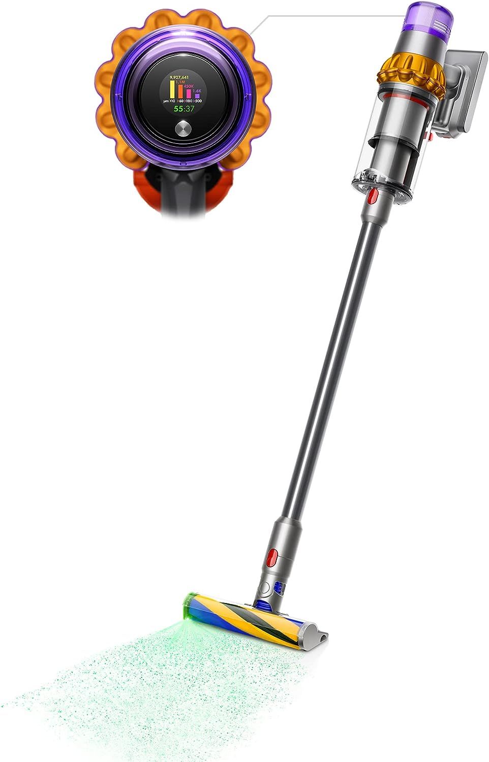 Dyson V15 Detect cordless vacuum in yellow and nickel finish, featuring Laser Slim Fluffy cleaner head and LCD screen