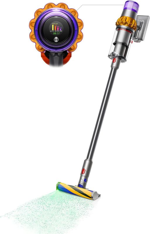 Dyson V15 Detect cordless vacuum in yellow and nickel finish, featuring Laser Slim Fluffy cleaner head and LCD screen