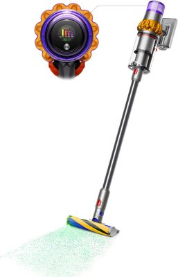 Dyson V15 Detect cordless vacuum in yellow and nickel finish, featuring Laser Slim Fluffy cleaner head and LCD screen