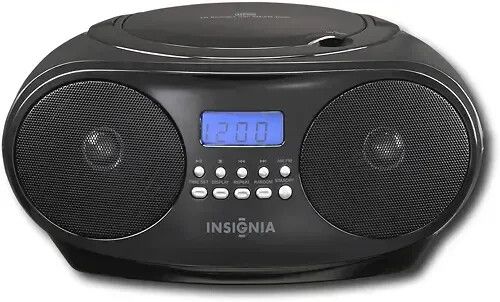 Front view of the Insignia CD Boombox AM/FM Radio showing control panel, CD compartment, and speakers.