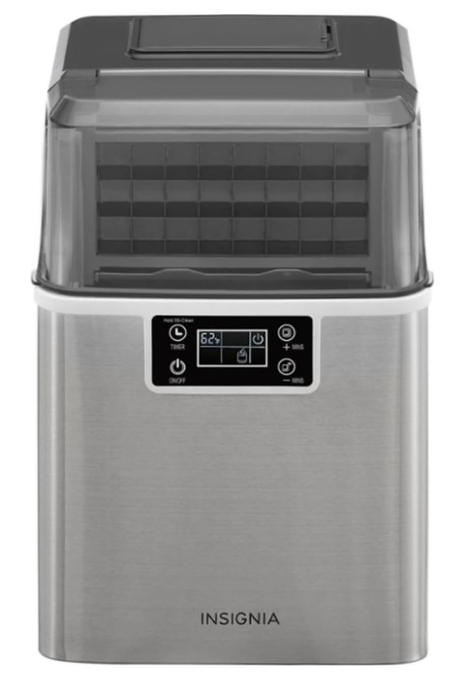Front view of the Insignia Portable Clear Ice Maker in stainless steel, showcasing control panel and ice storage compartment.