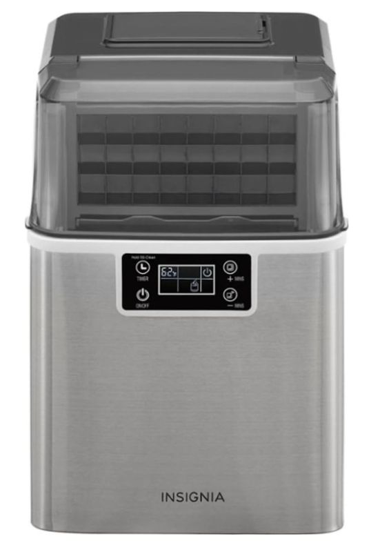 Front view of the Insignia Portable Clear Ice Maker in stainless steel, showcasing control panel and ice storage compartment.