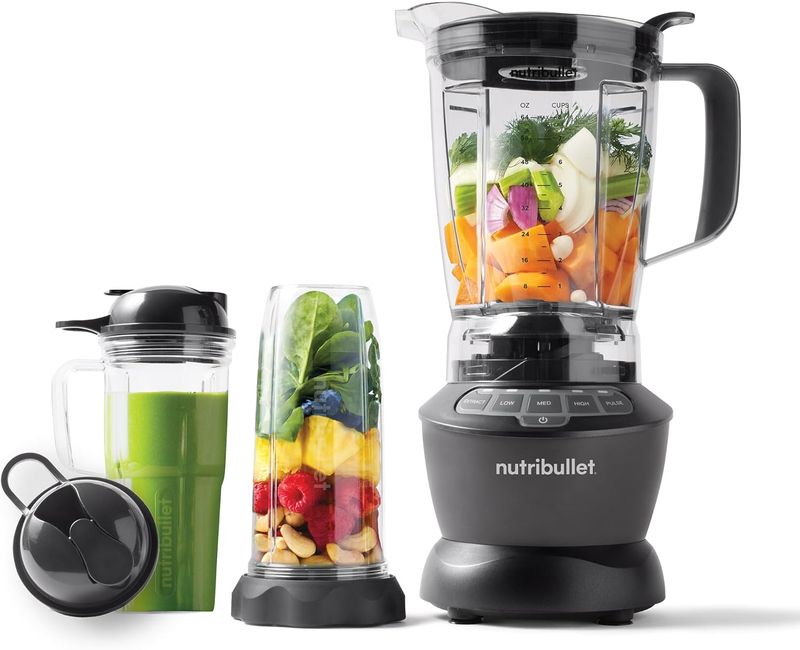 NutriBullet 1200W full-size blender with large blending pitcher attached.