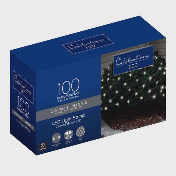 Box package - Led Mini Cool White 100 Count Net Christmas Lights 6 Ft.