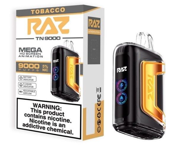 Raz TN9000 Tobacco next to it&#39;s package.