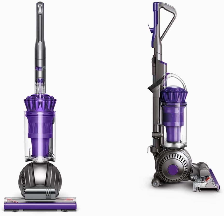 Front and side view of the Dyson Ball Animal 2 vacuum cleaner displaying power cord and suction base.