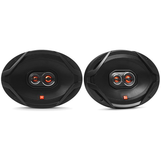 Two JBL GX Series 6x9-inch 3-way car speakers placed side by side.