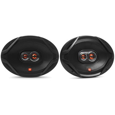 Two JBL GX Series 6x9-inch 3-way car speakers placed side by side.