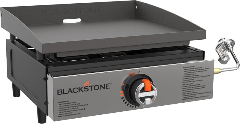 Blackstone 2142 Original 17” tabletop griddle, front view and cooking surface.