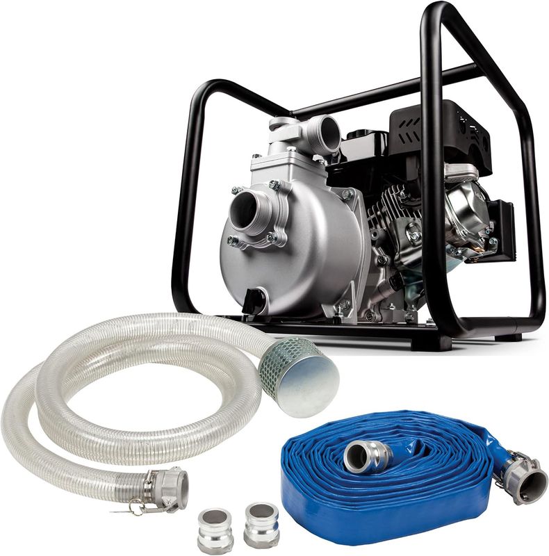 Red Lion 6RLAG-2LKIT Gas Engine Pump with all included components laid out: pump unit, hoses, and clamps.