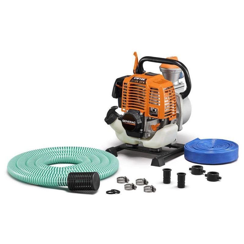 Generac CW10K clean water pump displayed with complete hose kit, clamps, and accessories for water transfer.
