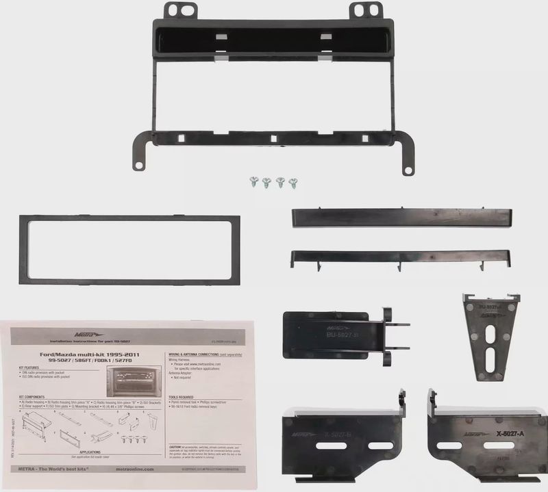 Front view of the Metra Dash Kit for Select 1995-2011 Ford and Mazda Vehicles with installing instructions.