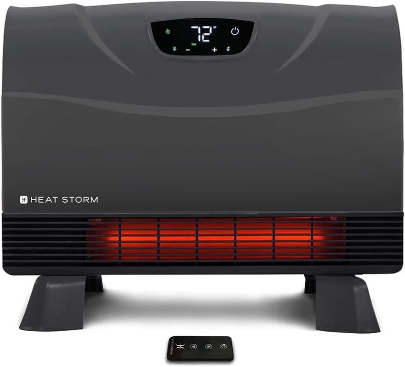 Front view of Heat Storm 1500-Watt Infrared Electric Space Heater showing digital temperature display and vent.