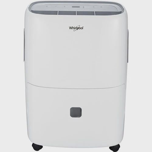 Front view of Whirlpool 20 Pint Dehumidifier in white with digital humidistat display.
