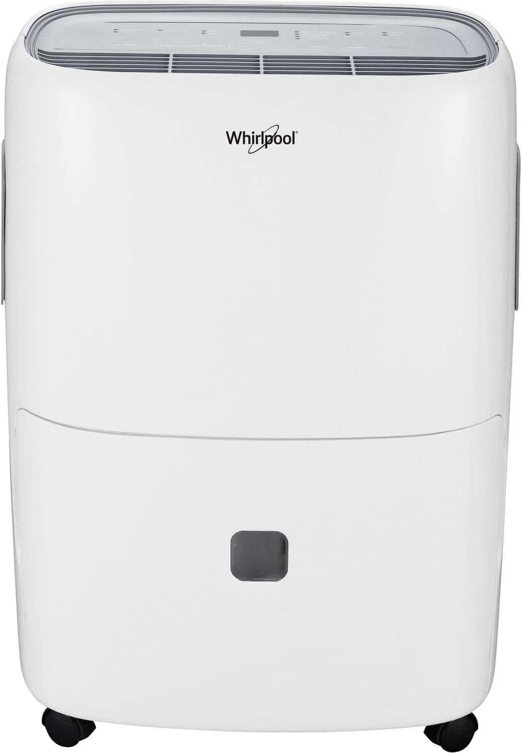 Front view of Whirlpool 40 Pint Dehumidifier with built-in pump in white, featuring LED humidistat display.
