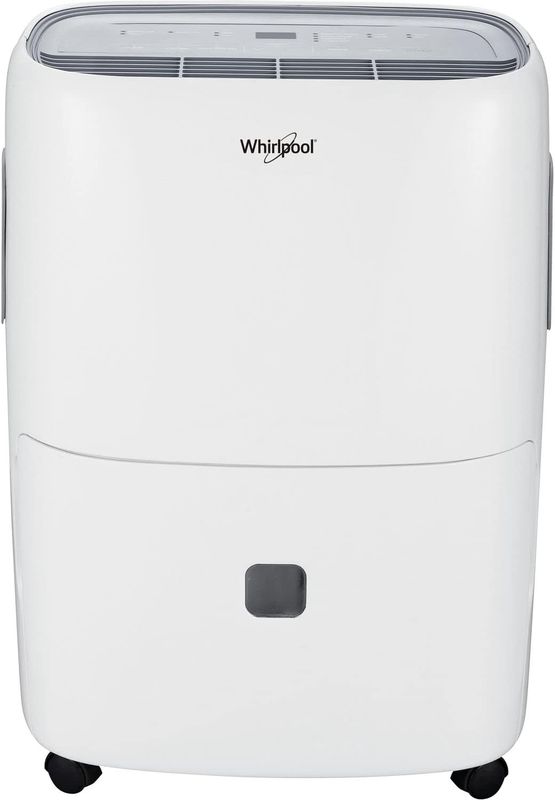 Front view of Whirlpool 40 Pint Dehumidifier with built-in pump in white, featuring LED humidistat display.